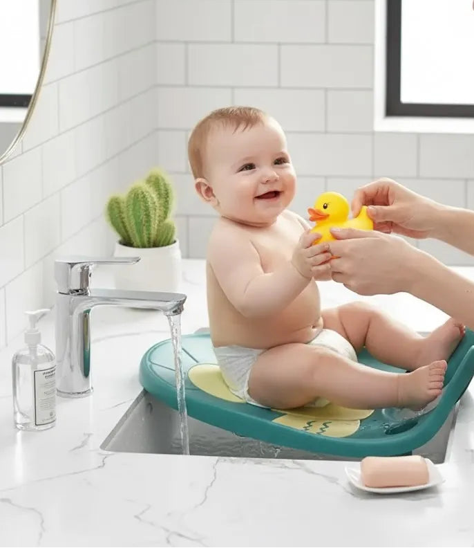 Transat de bain pour bébé, maman en train de jouer avec son bébé.