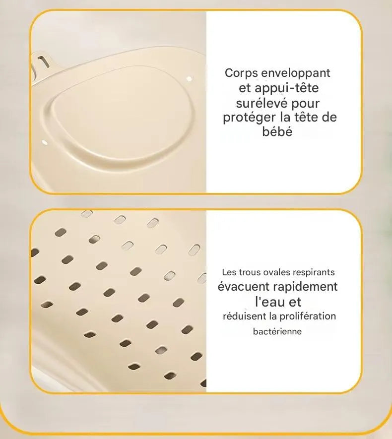 Appui-tête et corps enveloppant du transat de bain bébé pour un maintien sécurisé