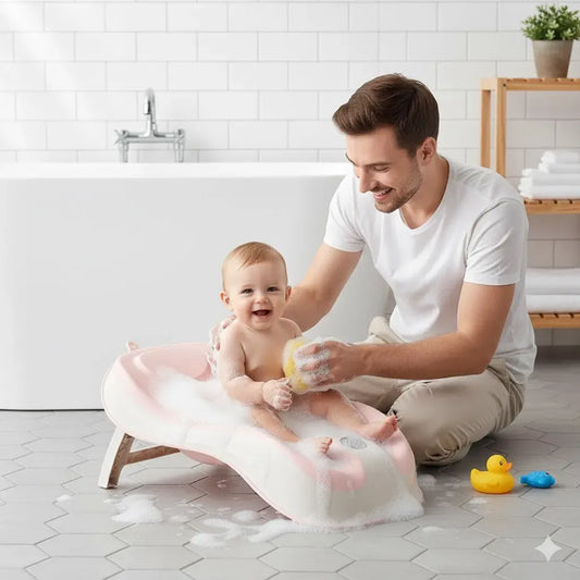 Transat de bain bébé avec thermomètre intégré, bébé confortablement installé pendant le bain