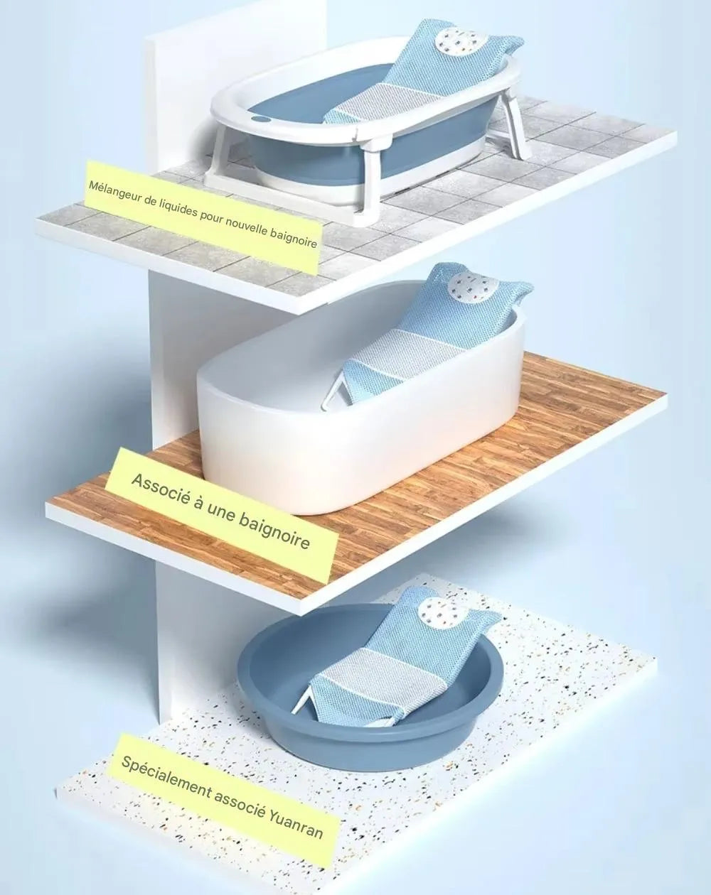 Transat de bain bébé en filet compatible avec différents types de baignoires
