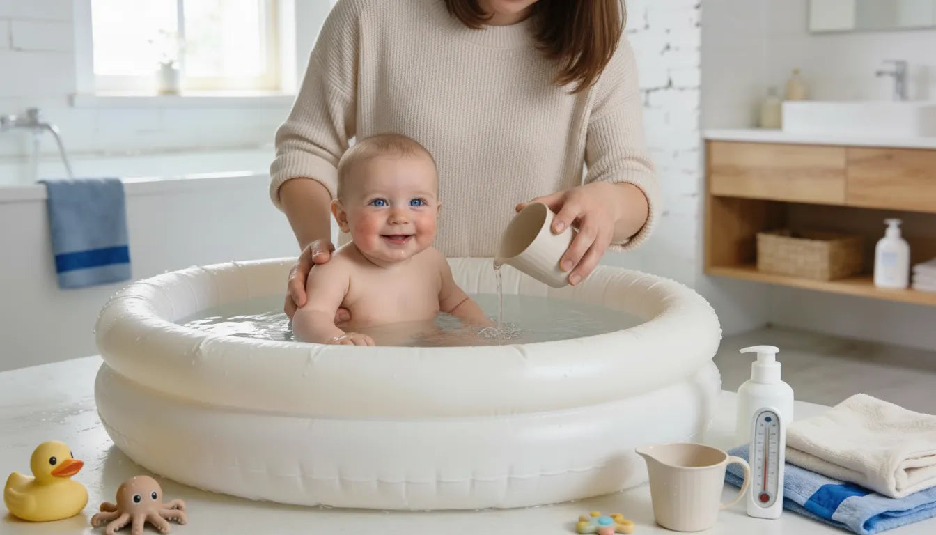  Maman faisant le bain de son bébé dans une baignoire bébé gonflable 