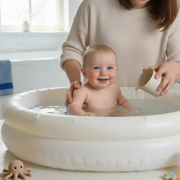  Maman faisant le bain de son bébé dans une baignoire bébé gonflable 