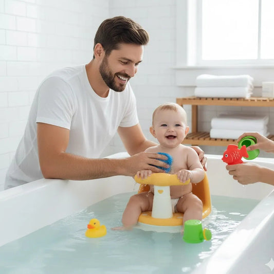 Utilisation du siège-baignoire pour bébé : un maintien stable avec papa et maman.